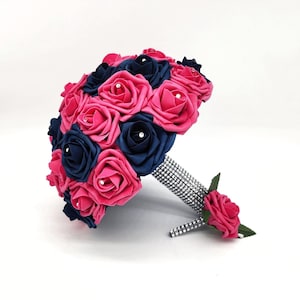 Hot Pink and Navy-Blue Wedding Bouquet – Real Touch Roses with Rhinestone Handle