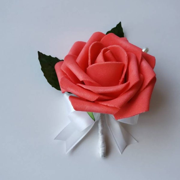 Coral And white Boutonnieres And Corsages,27 Colors Available, Corsages Available In Pin On And Wrist,Matching Bouquets Available