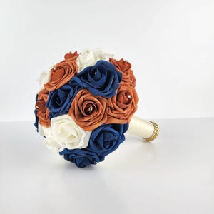 Ivory, Navy, & Burnt Orange Wedding Bouquet Made w/ Real Touch Roses, Bridal Bouquet, Bridesmaid Bouquet/ Matching Boutonniere and Corsages