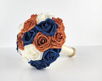 Ivory, Navy, & Burnt Orange Wedding Bouquet Made w/ Real Touch Roses, Bridal Bouquet, Bridesmaid Bouquet/ Matching Boutonniere and Corsages