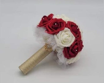 Red Wedding Bouquet, Red and Ivory Bridesmaid Bouquet,or Toss/Mini Bouquet, Matching Boutonnieres and Corsages Available, Customize Colors