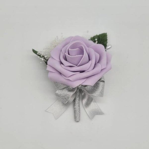 lilac and silver corsages and Boutonnieres,Available In 27 Colors, Corsages Are Available In Pin On And Wrist, Matching Bouquets Available