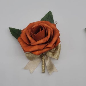 Burnt Orange And Gold Boutonnieres And Corsages, Available In 26 Colors, Corsages Available In Pin On And Wrist,Matching Bouquets Available