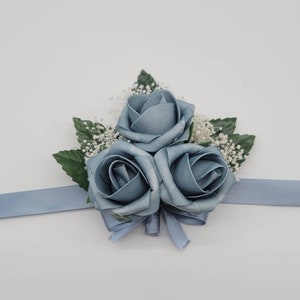 Light Dusty Blue Corsages and Boutonnieres, Available In 27 Colors, Corsages Available In Pin On And Wrist, Matching Bouquets Available