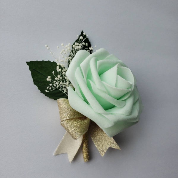 Mint and gold Boutonnieres And Corsages,Available In 26 Colors, Corsages Are Available In Pin On And Wrist, Matching Bouquets Available