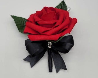 Gothic Skull Red and Black Boutonniere and Corsages, Corsages Available in pin on and wrist, Matching Bouquets Available-Halloween Wedding