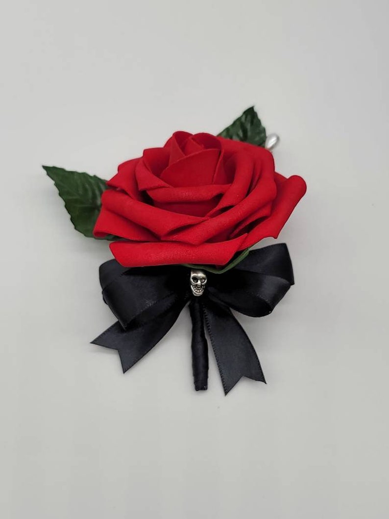 Gothic Skull Red And Black Boutonniere,Goth Corsage,27 Colors Available, Matching Bouquets Available 