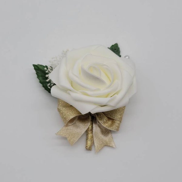 Ivory And Gold Boutonnieres And Corsages, 27 Colors Available, Corsages Available In Pin On And Wrist, Matching Bouquets Available
