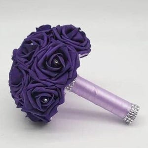 Purple Bridal Bouquet | Real Touch Roses with Rhinestones | Lavender Handle
