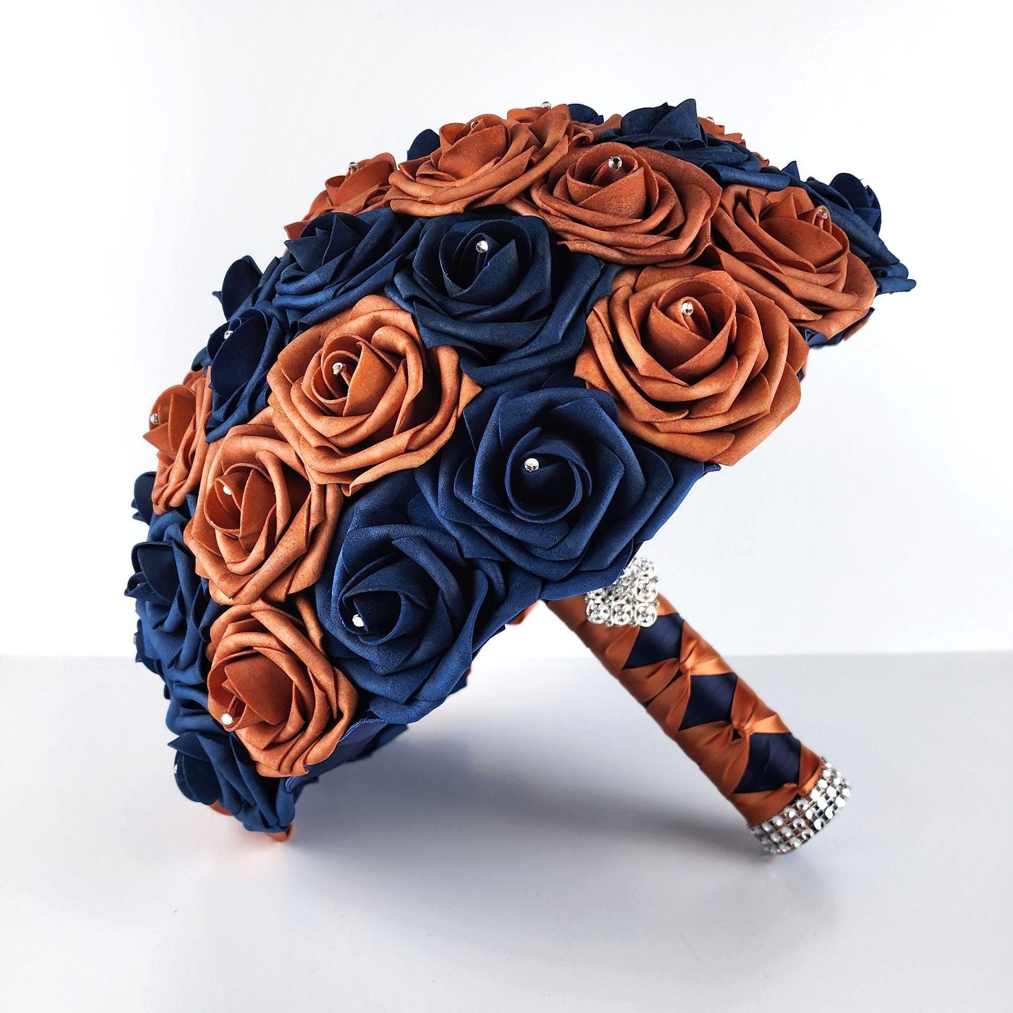 Burnt Orange and Navy Blue Bridal Bouquet Made with Real Touch Roses