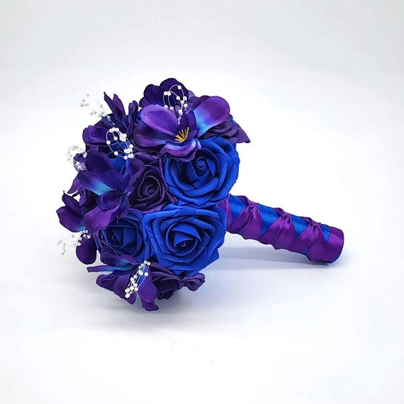 Royal Blue and Purple Wedding Bouquet Made With Real Touch Roses, Bridal  Bouquet, Bridesmaid Bouquet/galaxy Orchids/boutonnieres & Corsages - Etsy