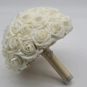 Ivory and Gold Wedding Bouquet Made With Real Touch Roses, Bridal Bouquet, Bridesmaid Bouquet and Matching Boutonnieres and Corsages
