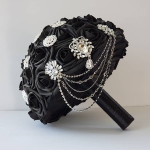 Cascading Black Brooch Bridal Bouquet With Chain, Available Matching Boutonnieres and Corsages, Available In 27 Colors, Gothic Bouquet