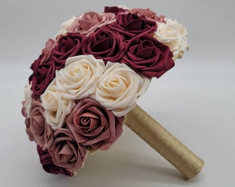 Burgundy, Dusty Rose, & Cream Wedding Bouquet Made With Real Touch Roses, Bridal Bouquet, Bridesmaid Bouquet/ Matching Boutonniere/Corsages