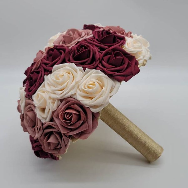 Bridal Bouquet filled with Burgundy, Dusty Rose, and Cream roses, Bridesmaid Bouquets, Toss bouquets, Matching Boutonnieres and Corsages