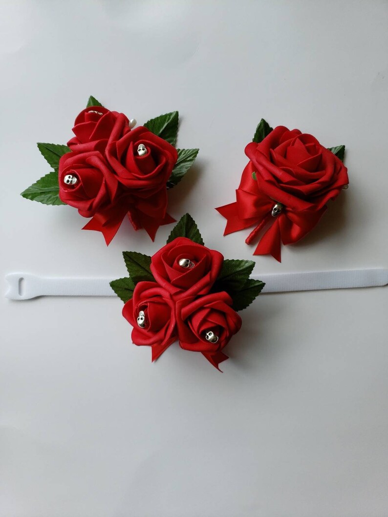 Matching Bouquets Available Gothic Skull White And Pink Boutonniere,Goth Corsage,25 Colors Available,Corsages Available In Pin On And Wrist
