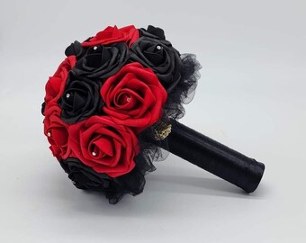 Red And Black wedding Bouquet,Gothic bridal Bouquet,Bridesmaid Bouquet, Mini/Toss Bouquet,Corsages and Boutonnieres, Custom Colors Available