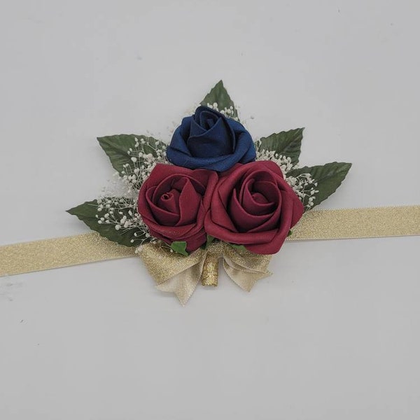Navy, Burgundy, and Gold Corsages and Boutonnieres ,27 Colors Available, Corsages Available In Pin On And Wrist,Matching Bouquets Available