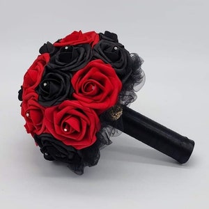 Red And Black Wedding Bouquet Made With Real Touch Roses, Bridal Bouquet, Bridesmaid Bouquet and Matching Boutonniere and Corsages Available