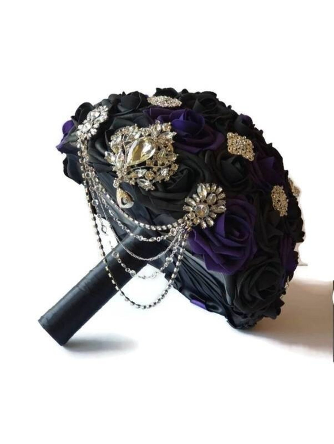 Cascading Dark Purple and Black Bridal Brooch Bouquet With Chain