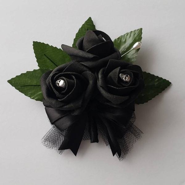 Black Skull Corsage and Gothic Boutonnieres,Corsages Available In Pin On And Wrist, Matching Bouquets Available, Custom Colors Available