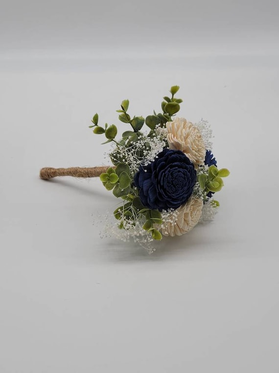 Navy Blue White Cascade Bridal Bouquet - Real Touch Callas Roses