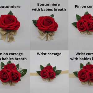 Six different arrangements of red roses and greenery, including boutonnieres and corsages. The arrangements are tied with gold ribbon and feature the text "Boutonniere", "with baby's breath", and "Pin on corsage".