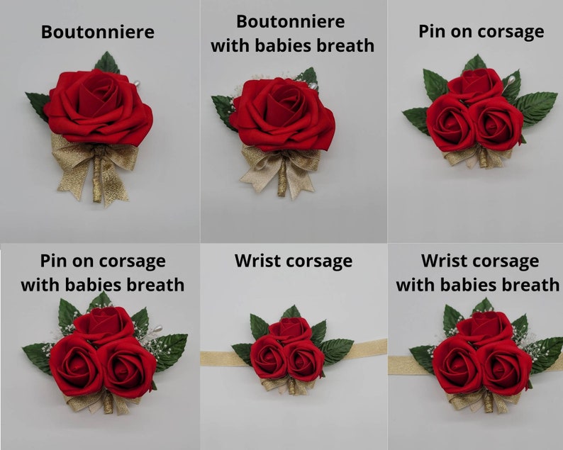Six different arrangements of red roses and greenery, including boutonnieres and corsages. The arrangements are tied with gold ribbon and feature the text "Boutonniere", "with baby's breath", and "Pin on corsage".