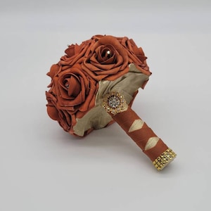 Burnt Orange and Gold Wedding Bouquet Made With Real Touch Roses, Bridal Bouquet, Bridesmaid Bouquet and Matching Boutonnieres and Corsages