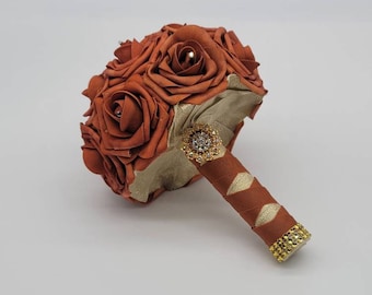 Burnt Orange and Cream Wedding Bouquet Made With Real Touch Roses, Bridal Bouquet, Bridesmaid Bouquet and Matching Boutonniere and Corsages