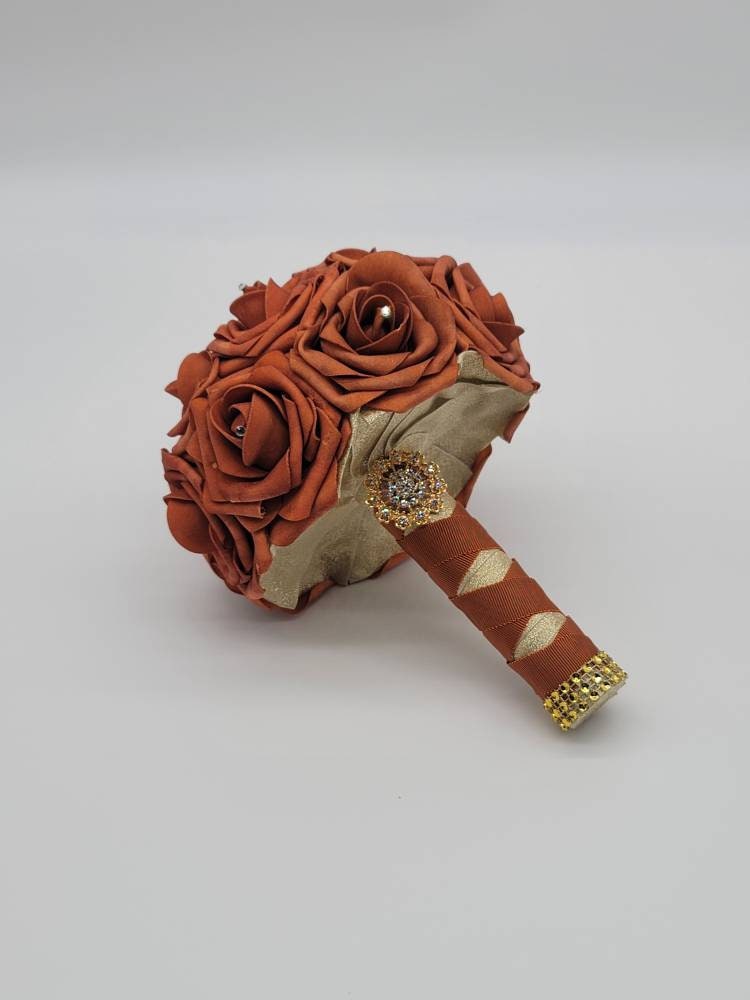 Burnt Orange and Gold Wedding Bouquet Made With Real Touch Roses, Bridal Bouquet, Bridesmaid Bouquet and Matching Boutonnieres and Corsages