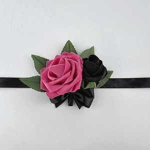 Hot Pink and Black Boutonniere or Corsage – Real Touch Roses