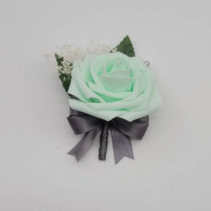 Mint and gray Boutonnieres And Corsages,Available In 27 Colors, Corsages Are Available In Pin On And Wrist, Matching Bouquets Available