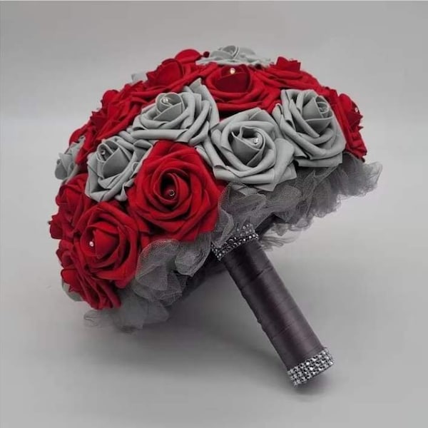 Red And Gray Bridal Bouquet Made With Real Touch Roses,Bridesmaid Bouquet,Mini Bouquet,Boutonnieres and Corsages available,Customize Colors