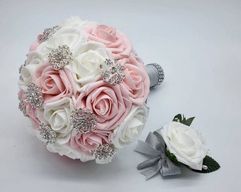 Blush and White Brooch Bouquet, Bridesmaid Bouquet, Available in 27 colors,Matching Boutonnieres And Corsages available