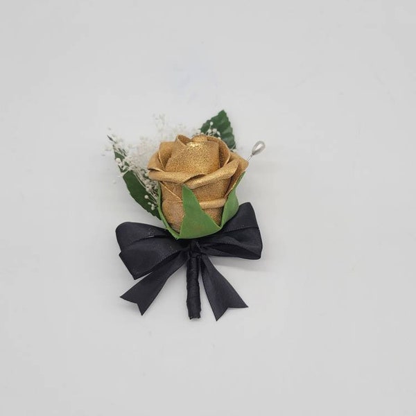 Gold And Black Boutonnieres And Corsages, Available In 26 Colors, Corsages Available In Pin On And Wrist, Matching Bouquets Available