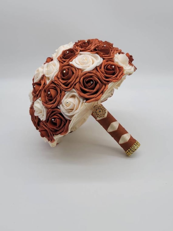 Burnt Orange and Cream Wedding Bouquet Made With Real Touch Roses, Bridal Bouquet, Bridesmaid Bouquet and Matching Boutonniere and Corsages