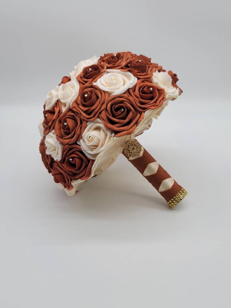 Burnt Orange and Cream Wedding Bouquet Made With Real Touch Roses, Bridal Bouquet, Bridesmaid Bouquet and Matching Boutonniere and Corsages