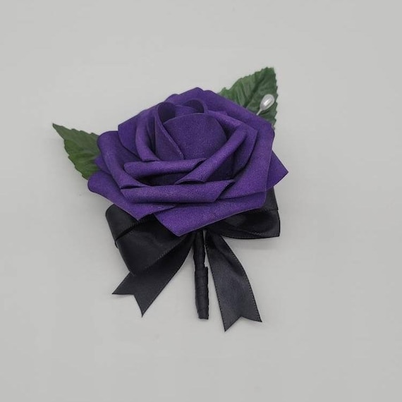 Dark Purple and Black Boutonniere and Corsages, Corsages Available in Pin on and Wrist, Matching Bouquets Available
