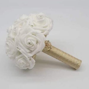 White and Gold Wedding Bouquet Made With Real Touch Roses, Bridal Bouquet, Bridesmaid Bouquet and Matching Boutonnieres and Corsages