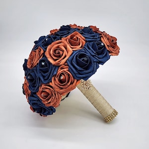Burnt orange and Navy Wedding Bouquet Made With Real Touch Roses, Bridal Bouquet, Bridesmaid Bouquet and Matching Boutonnieres and Corsages