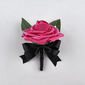 Hot Pink and Black Boutonniere or Corsage – Real Touch Roses