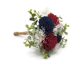 Burgundy And Navy Blue Sola flower bouquet with frosted eucalyptus greenery and burlap ribbon, bridesmaid bouquet. Available in 22 colors