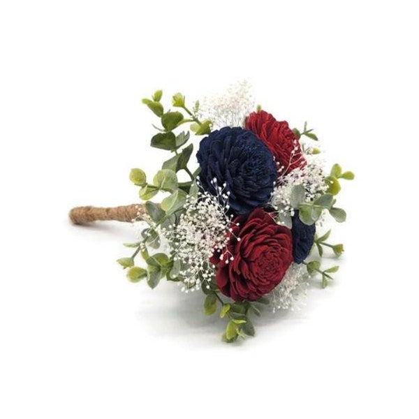 Burgundy And Navy Blue Sola flower bouquet with frosted eucalyptus greenery and burlap ribbon, bridesmaid bouquet. Available in 22 colors