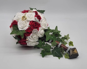 Sword Bridal Bouquet, Fantasy,Vikings, Red and White bouquet,Themed,Available in 27 Colors,Boutonnieres and Corsages Available