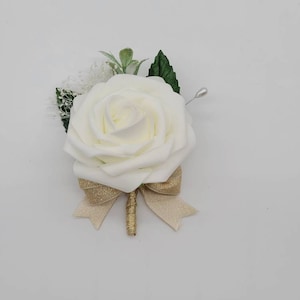 Ivory And Gold Boutonniere With Eucalyptus And Babais Breath, Matching Corsages And Bouquets Available, 26 Colors Available,