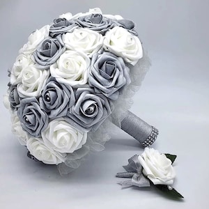 White and Silver Wedding Bouquet Made With Real Touch Roses, Bridal Bouquet, Bridesmaid Bouquet and Matching Boutonnieres and Corsages