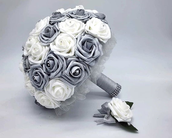 White and Silver Wedding Bouquet Made With Real Touch Roses 
