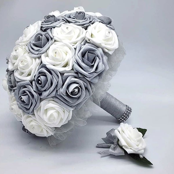 White and Silver Bridal Bouquet,Toss Bouquet,Bridesmaid Bouquet, Matching Boutonnieres and Corsages, Custom Colors Available, Winter Wedding