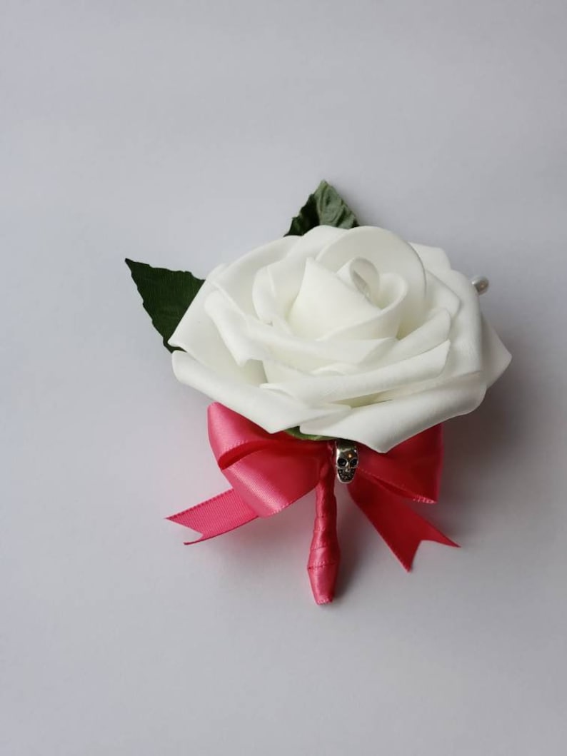Matching Bouquets Available Gothic Skull White And Pink Boutonniere,Goth Corsage,25 Colors Available,Corsages Available In Pin On And Wrist